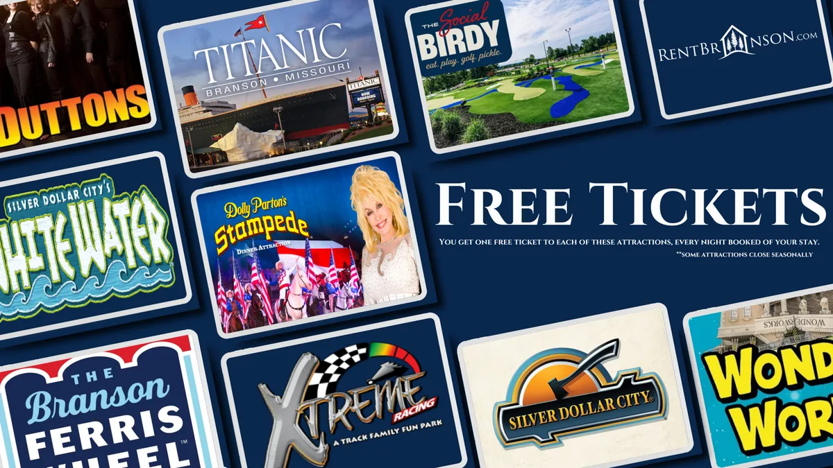 A vibrant interior image with attraction tickets, colorful graphics, and text elements, signaling proximity to local entertainment and attractions. The scene is lively and fun, indicating the easy access to Branson entertainment and resort amenities mentioned in the section.